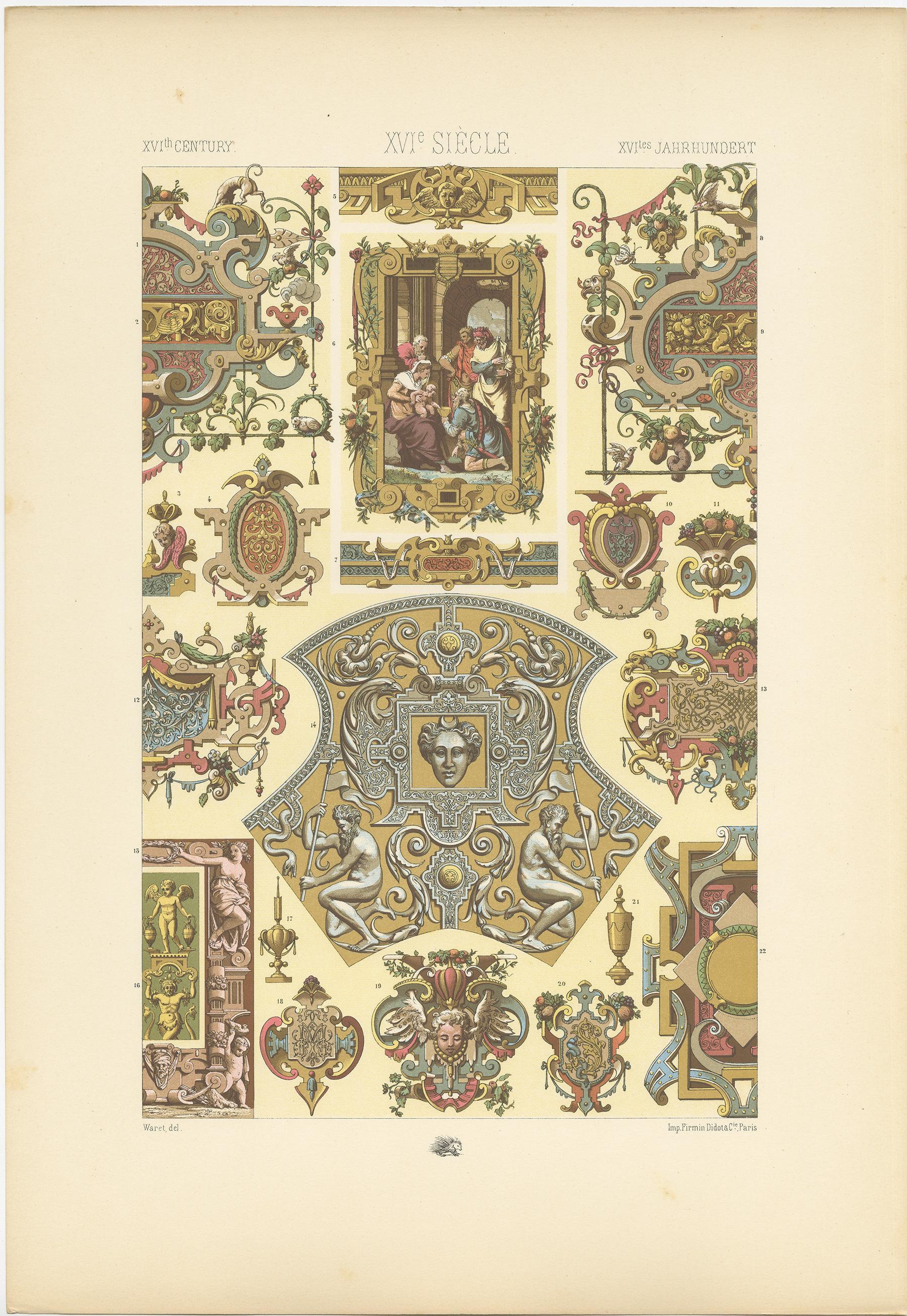 Antique print titled '16th Century - XVIc Siècle - XVILes Jahrhundert'. Chromolithograph of frames and ornaments based on woodwork,16th century ornaments. This print originates from 'l'Ornement Polychrome' by Auguste Racinet. Published circa 1890.