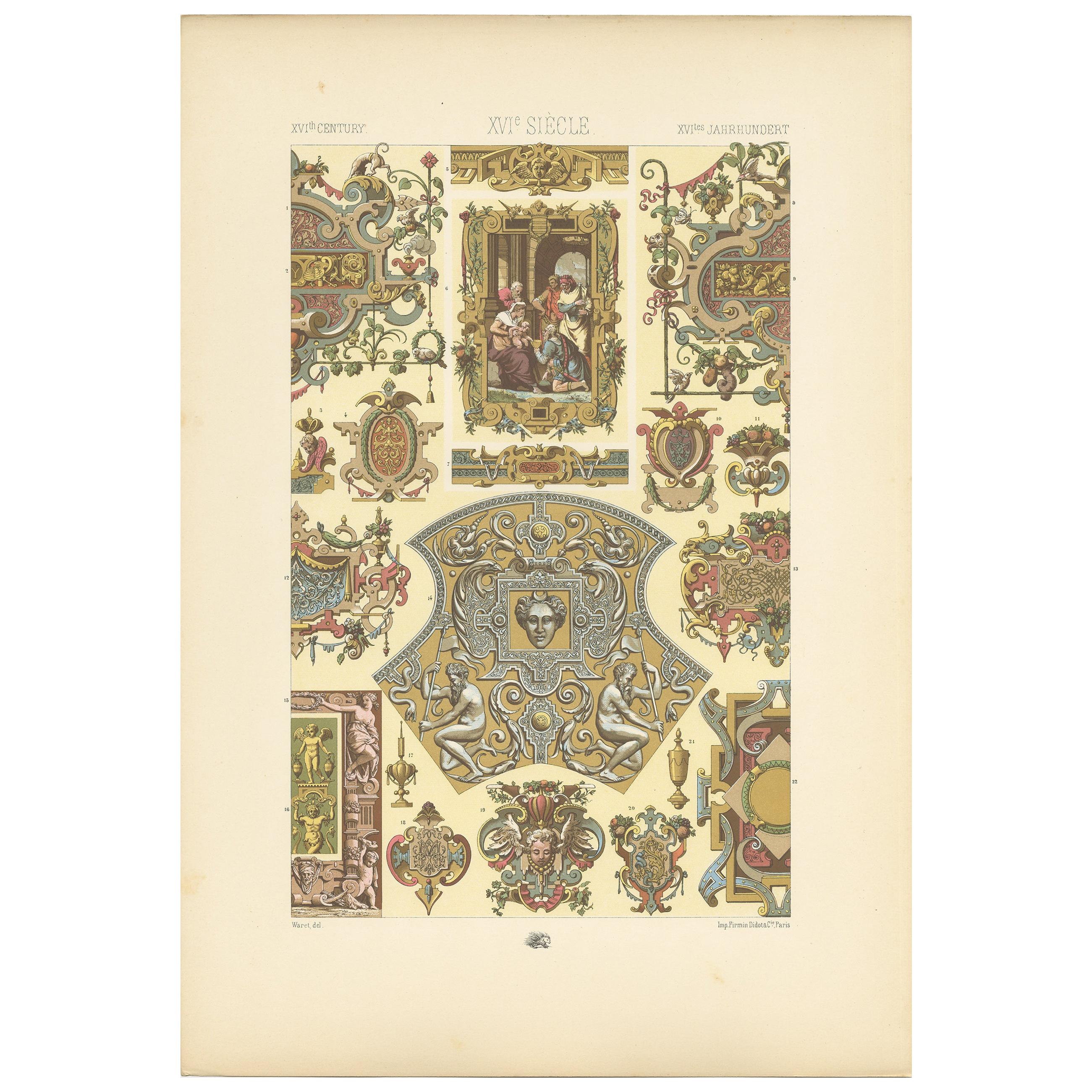 Impression ancienne Pl. 100 de cadres et ornements du XVIe siècle par Racinet vers 1890