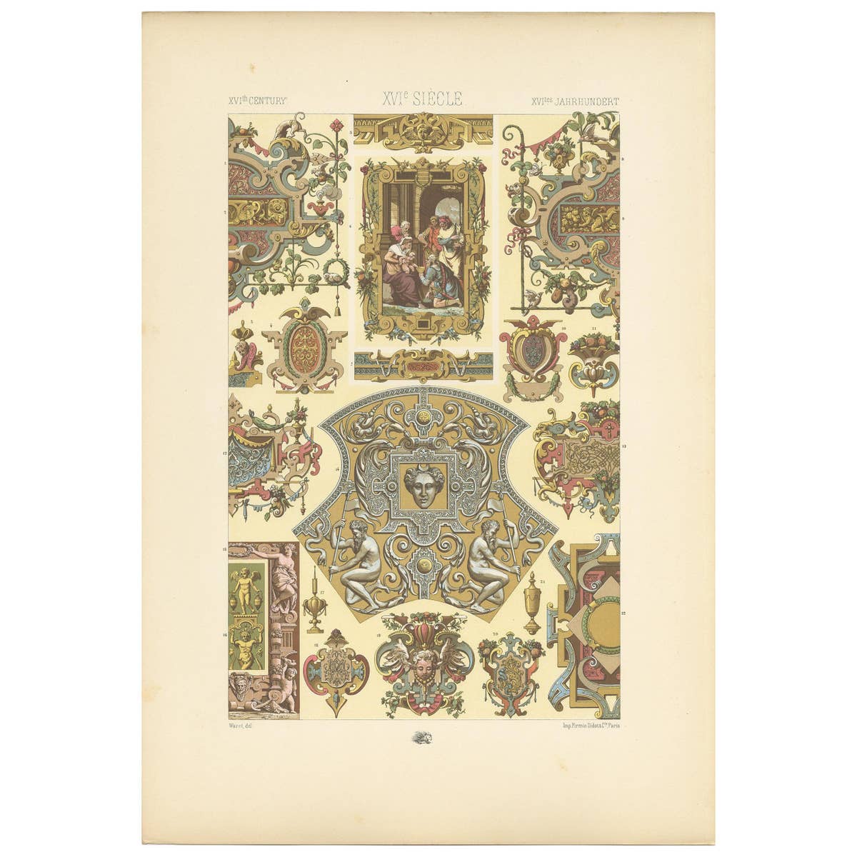 Antique Print of 16th Century Frames and Ornaments by Racinet circa 1890