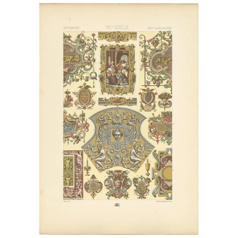 Antique Print of 16th Century Frames and Ornaments by Racinet circa 1890