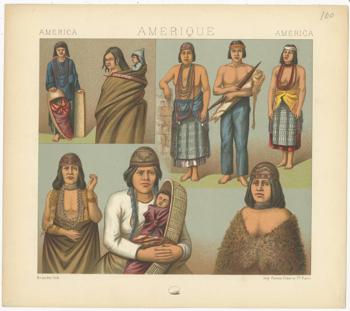 Pl. 100 Antique Print of American Costumes Racinet, 'circa 1880'