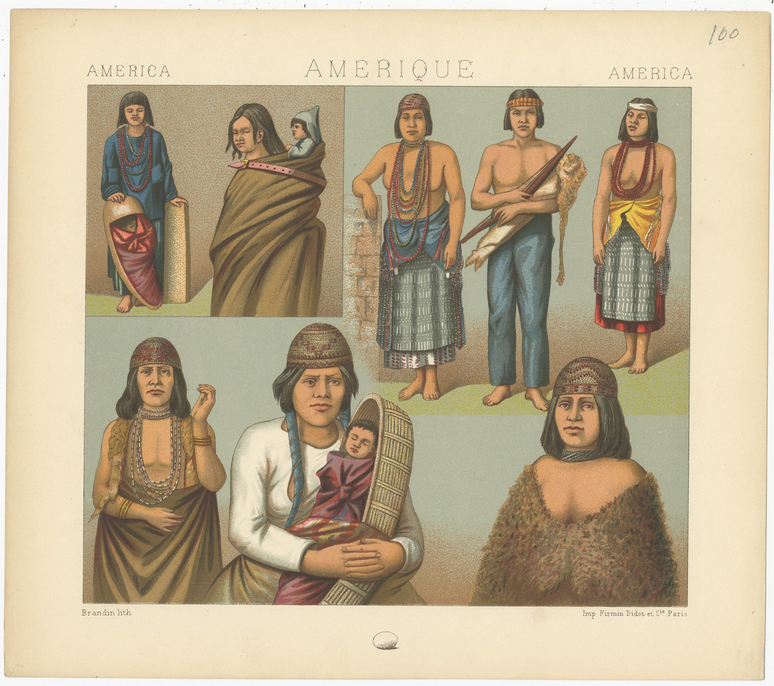 Pl. 100 Stampa antica di costumi americani Racinet, 'circa 1880'. 100 Stampa antica di costumi americani Racinet, 'circa 1880' In condizioni buone in vendita a Langweer, NL