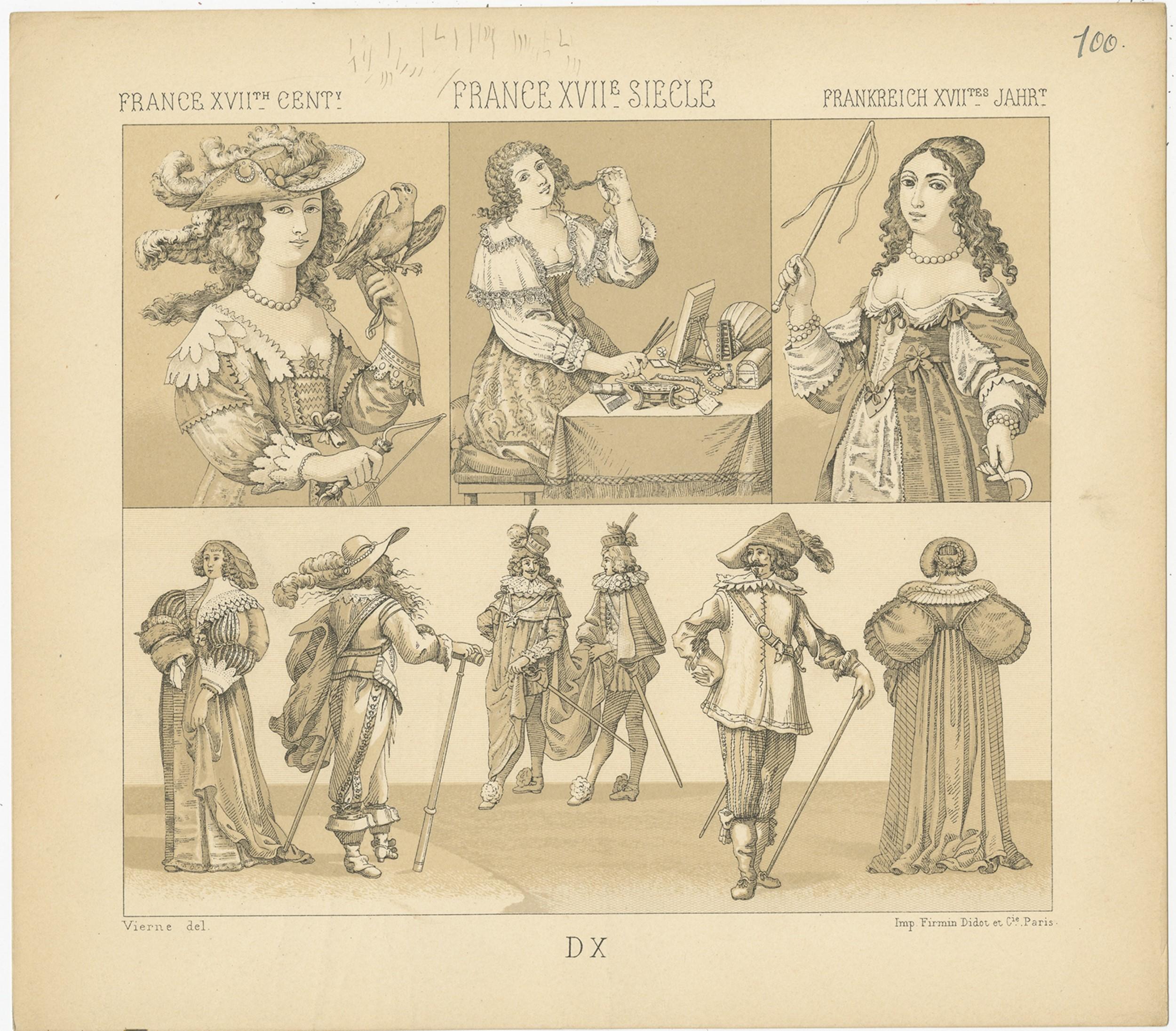 Antique print titled 'France XVIIth Cent - France XVIIe Siecle - Frankreich XVIItes Jahr'. Chromolithograph of French XVIIth Century Costumes. This print originates from 'Le Costume Historique' by M.A. Racinet. Published, circa 1880.