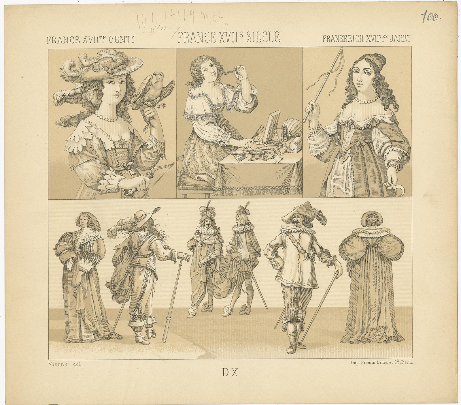 Antique print titled 'France XVIIth Cent - France XVIIe, Siecle - Frankreich XVIItes Jahr'. Chromolithograph of French 17th century costumes. This print originates from 'Le Costume Historique' by M.A. Racinet. Published circa 1880.