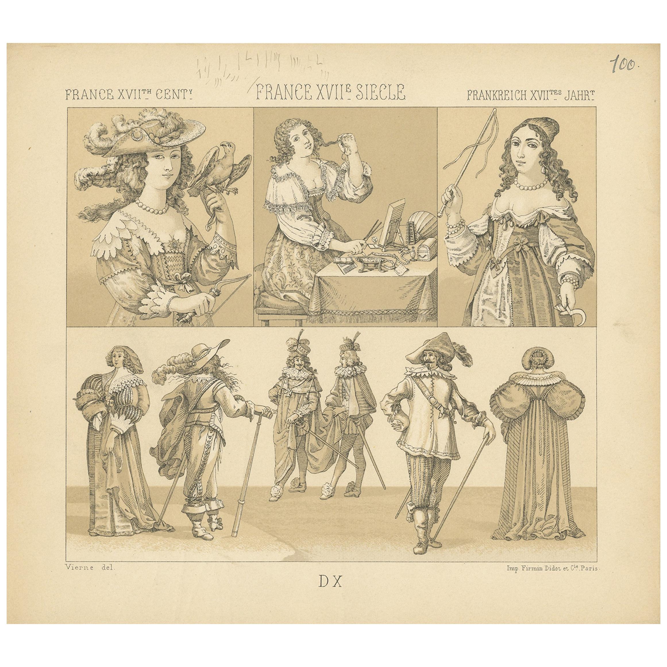 Pl. 100 Antique Print of French XVIIth Century Costumes by Racinet, circa 1880 For Sale