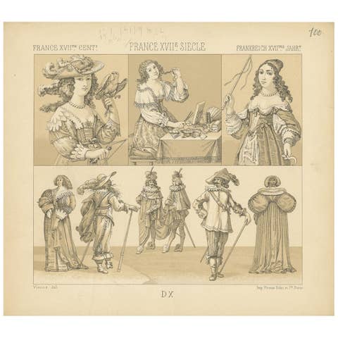 Pl. 100 Antique Print of French XVIIth Century Costumes by Racinet, circa 1880