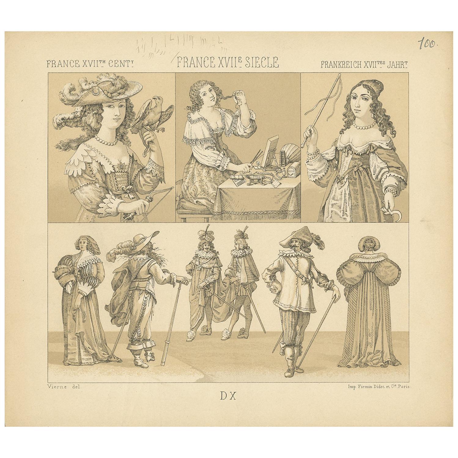 Pl. 100 Antique Print of French 17th Century Costumes by Racinet, circa 1880 For Sale