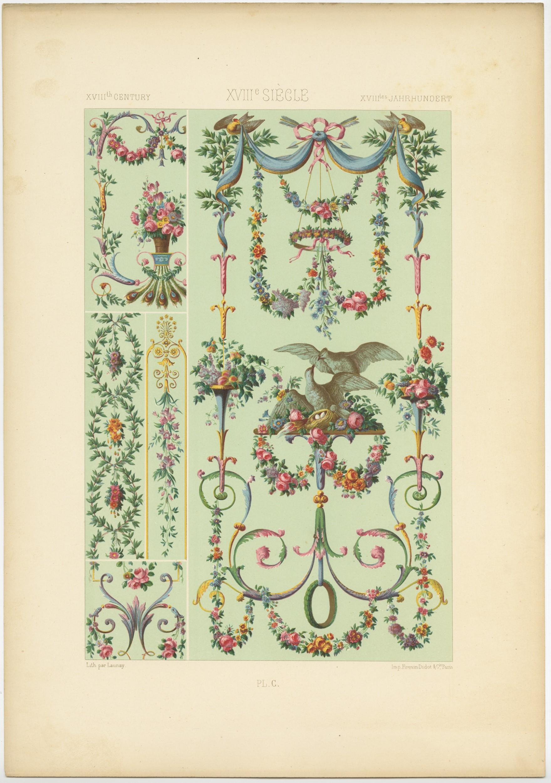 Antique print titled 'XVIIIth Century - XVIIIe Siecle - XVIIItes Jahrhundert'. Chromolithograph of XVIIIth Century ornaments and decorative arts. This print originates from 'l'Ornement Polychrome' by Auguste Racinet. Published circa 1890.