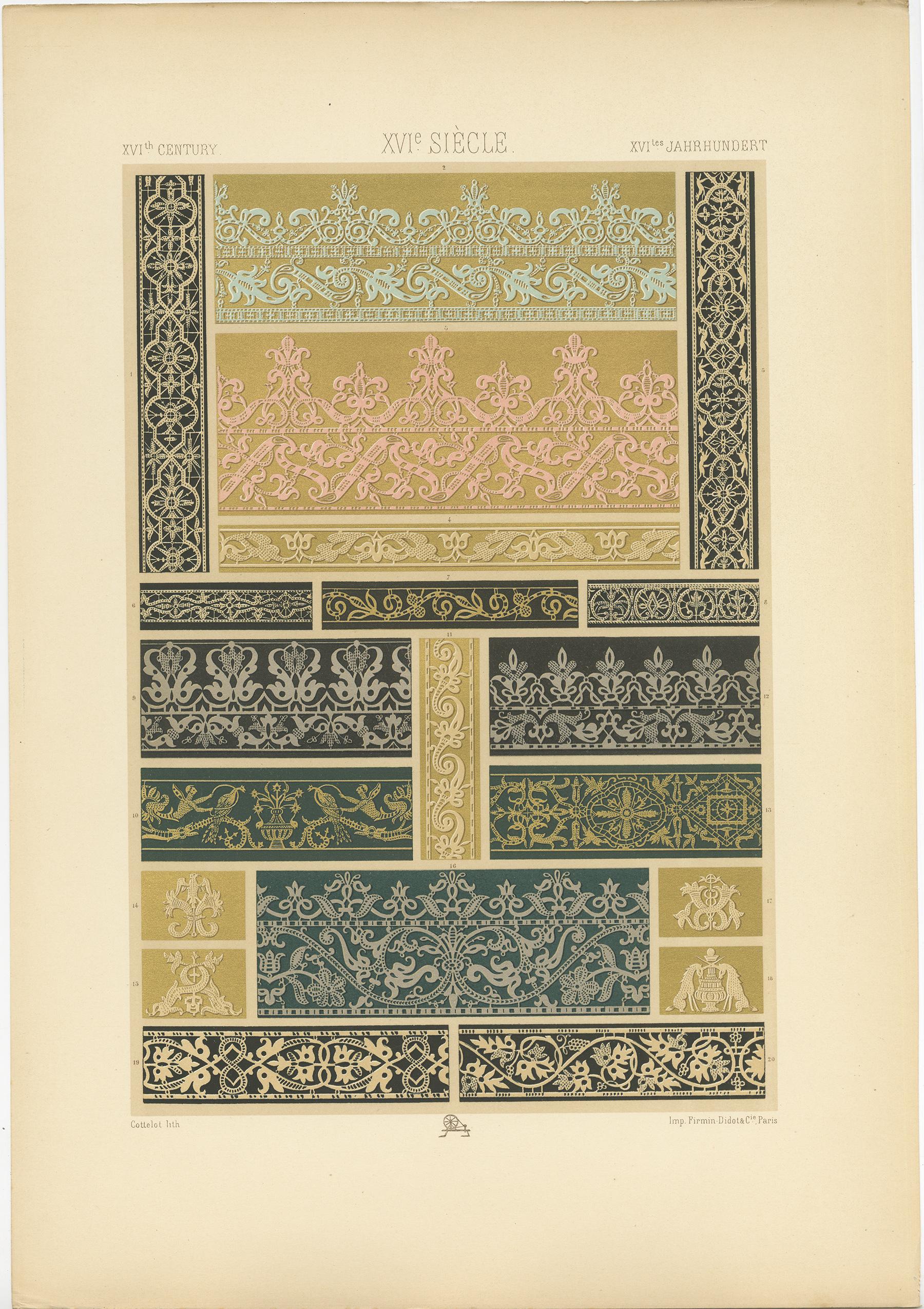 Antique print titled '16th Century - XVIc Siècle - XVILes Jahrhundert'. Chromolithograph of lace motifs from a volume published in Liege in 1597 ornaments. This print originates from 'l'Ornement Polychrome' by Auguste Racinet. Published circa 1890.