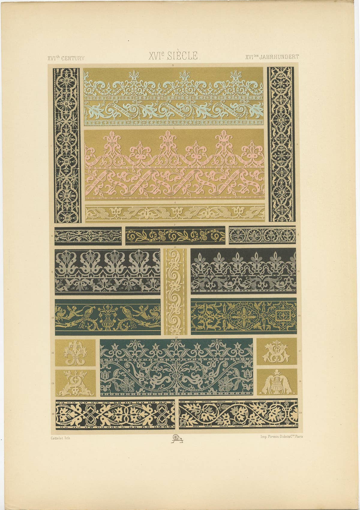 Pl. 101 Antique Print of 16th Century Lace Motifs by Racinet, circa 1890
