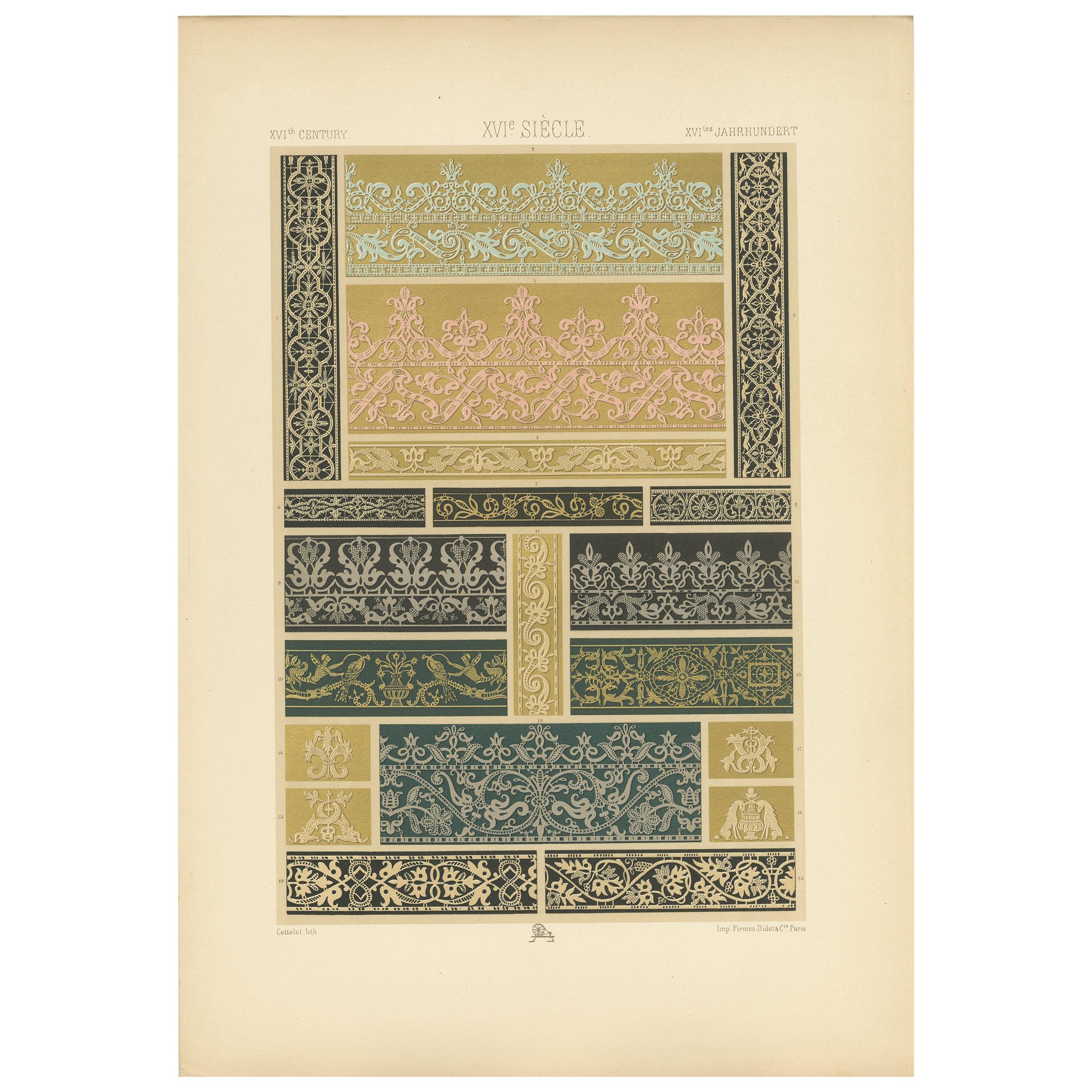 Pl. 101 Antique Print of 16th Century Lace Motifs by Racinet, circa 1890 For Sale