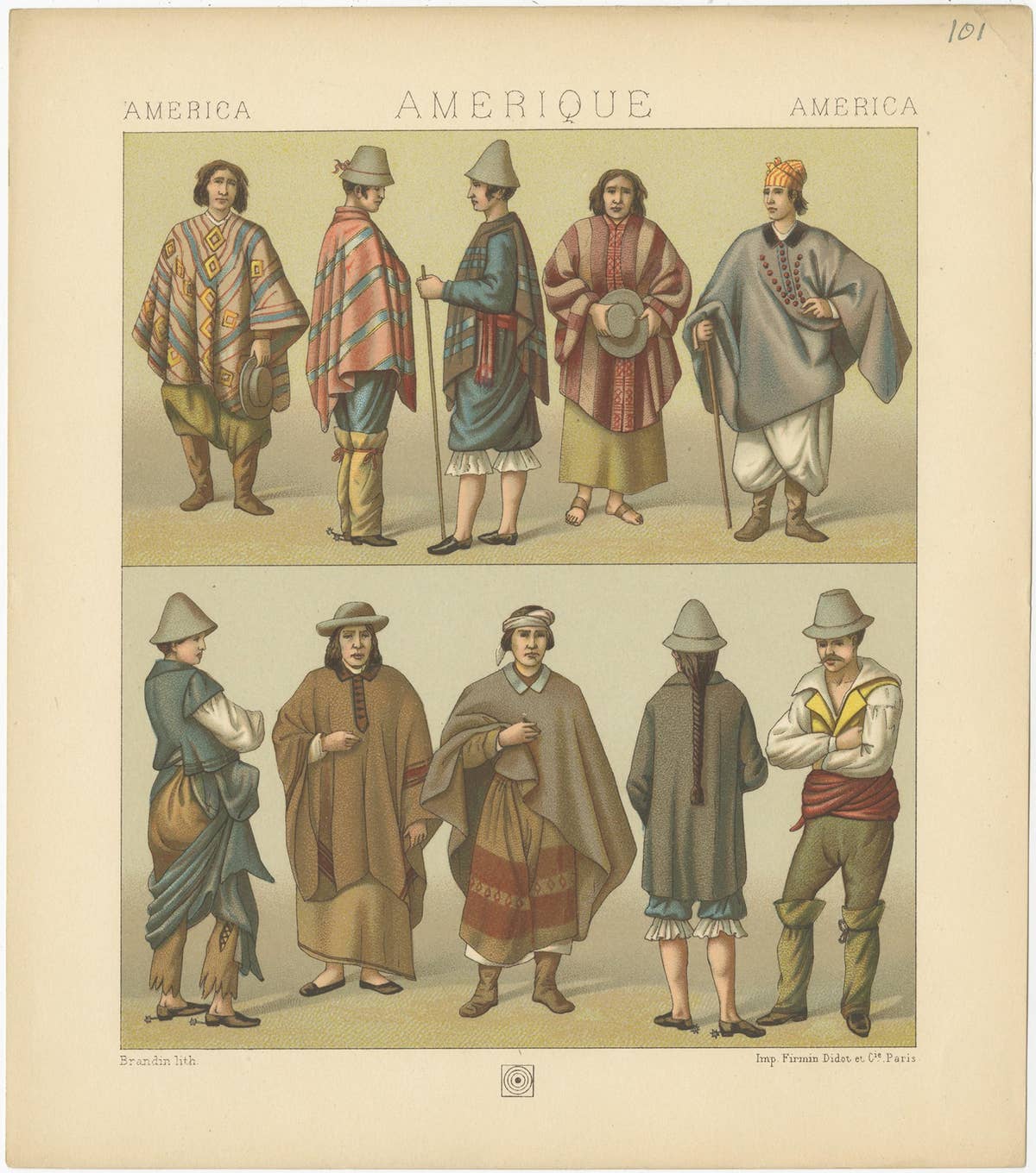 Pl. 101 Antique Print of American Costumes Racinet, 'circa 1880'