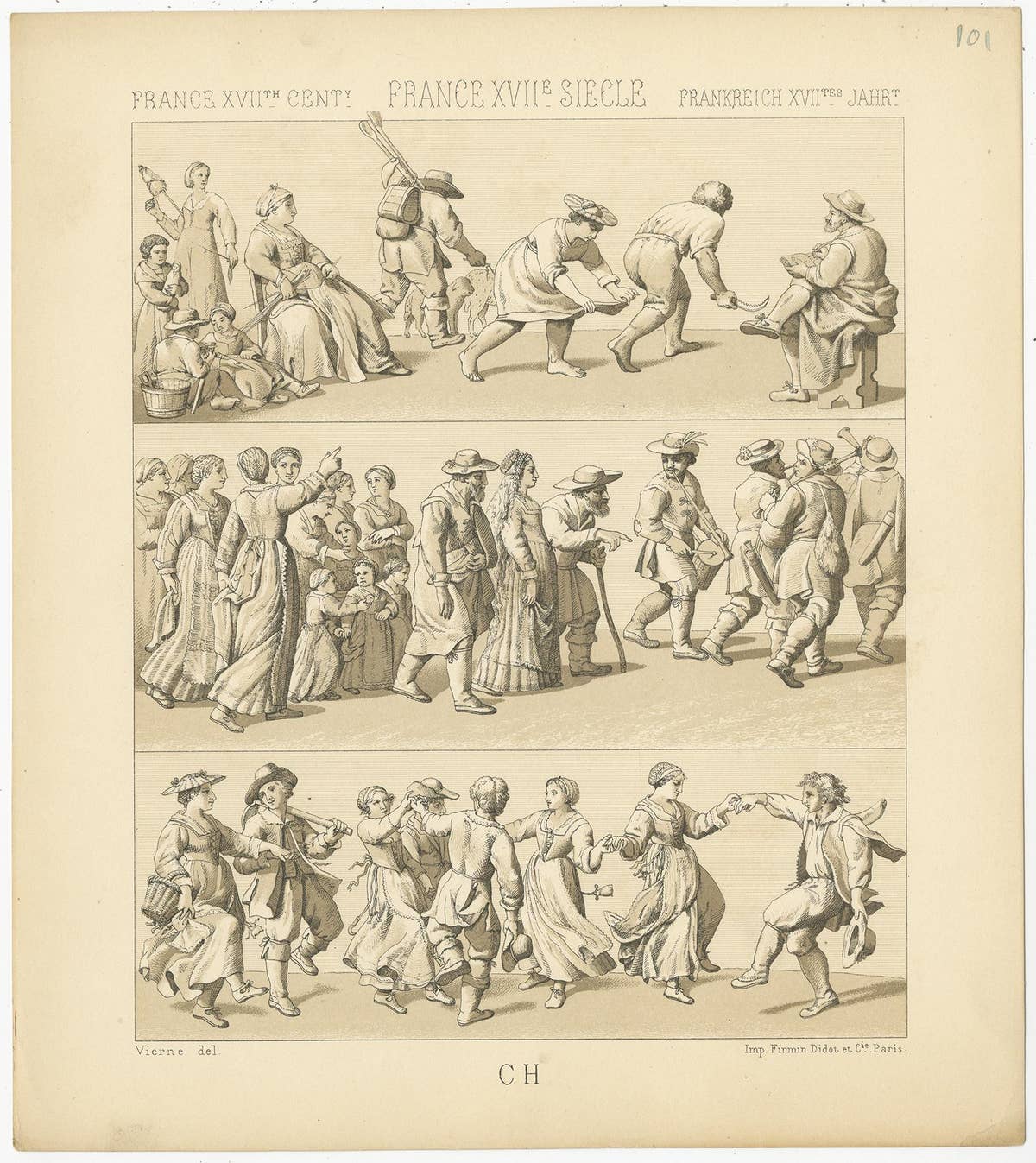 Pl. 101 Antique Print of French 17th Century Scenes by Racinet, circa 1880