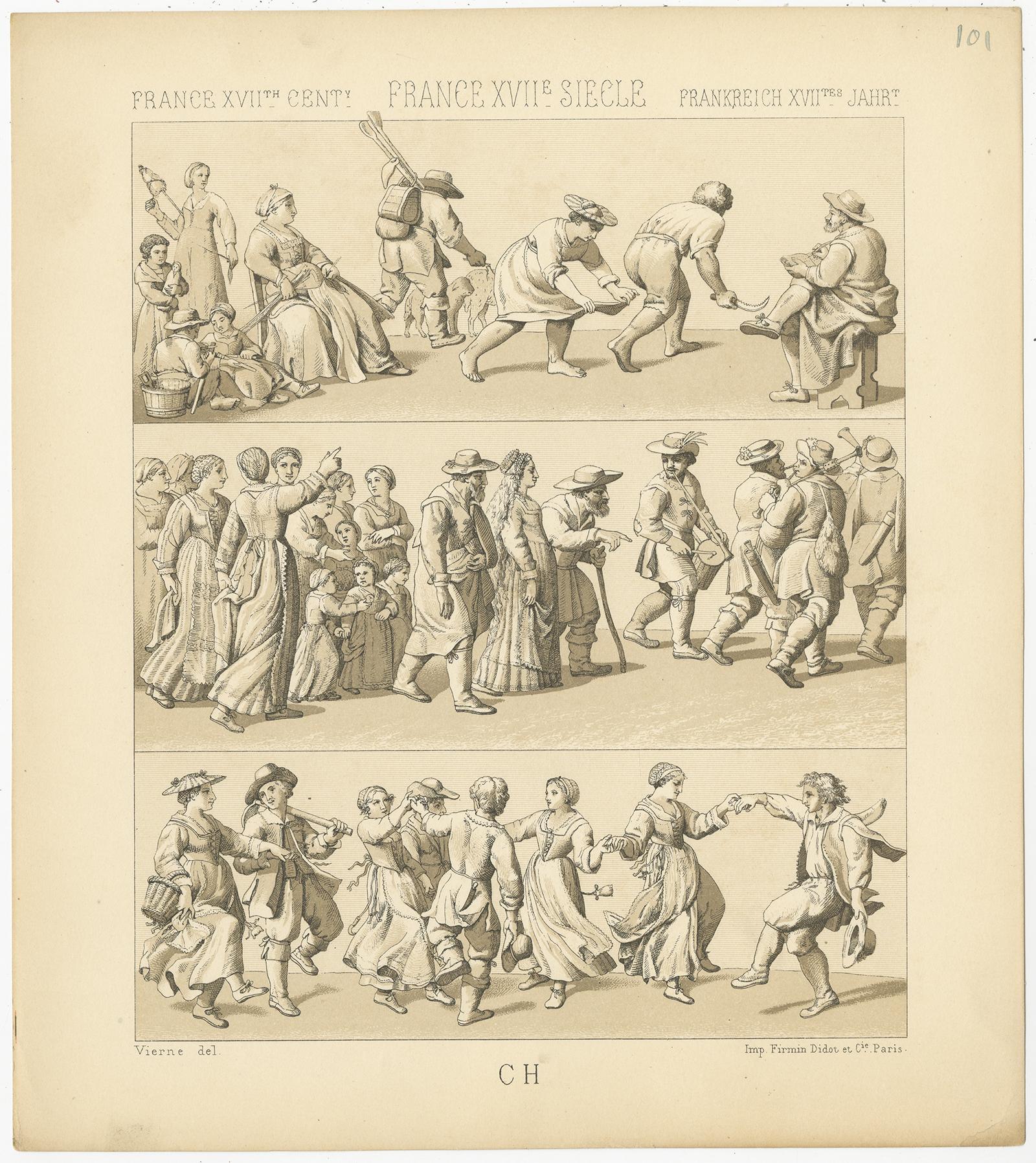 Impression ancienne de scènes françaises du XVIIe siècle Pl. 101 par Racinet, vers 1880 Bon état - En vente à Langweer, NL