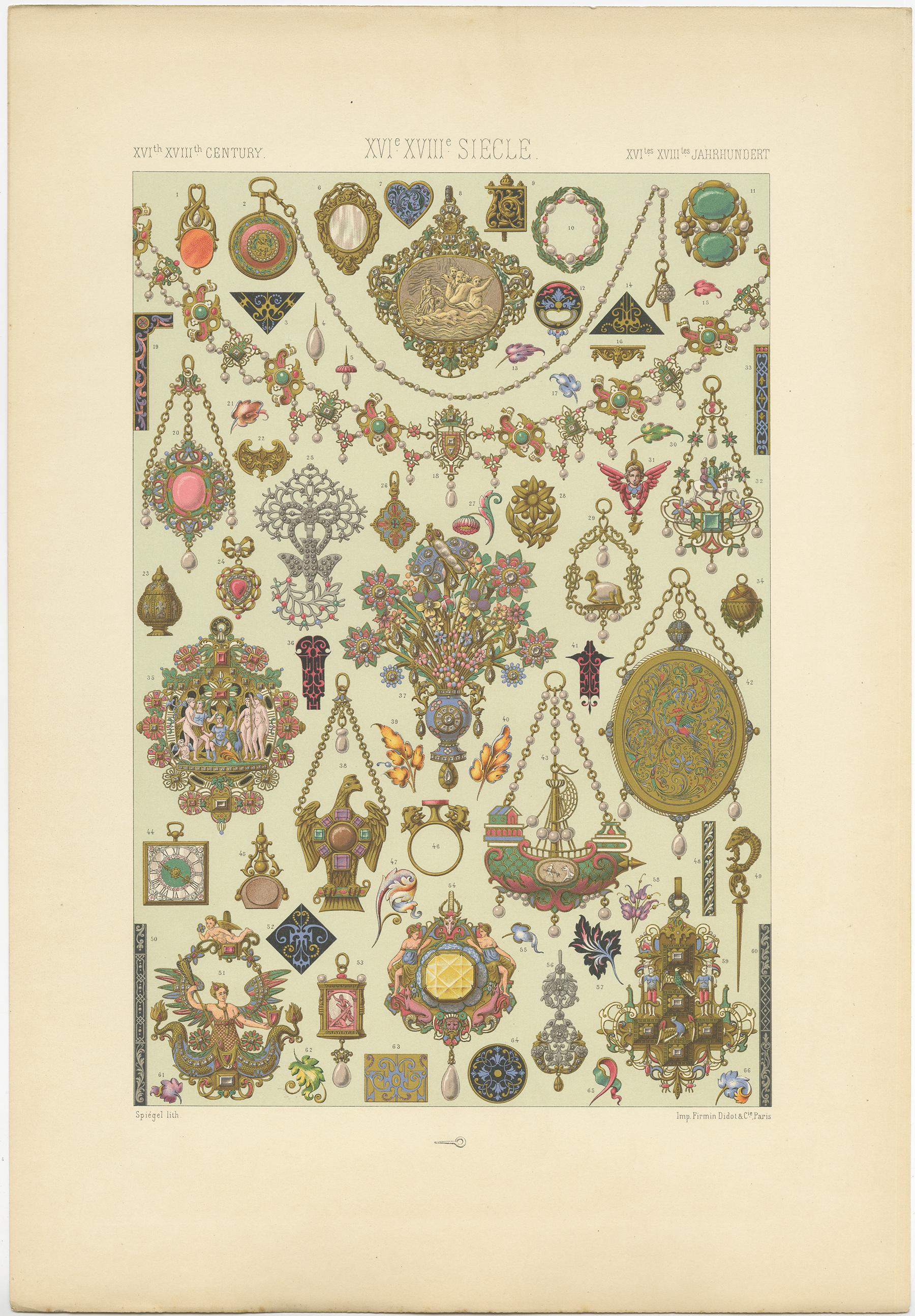 Antique print titled '16th Century - XVIc Siècle - XVILes Jahrhundert'. Chromolithograph of 15th-18th centuries jewelry ornaments. This print originates from 'l'Ornement Polychrome' by Auguste Racinet. Published circa 1890.