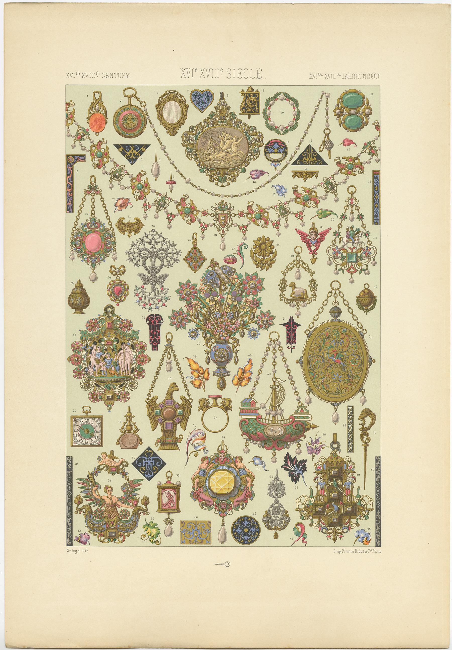 Pl. 102 Grabado antiguo de joyas del siglo XV-XVIII de Racinet, hacia 1890 siglo XIX en venta