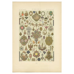 Pl. 102 Antique Print of 16th Century 15th-18th Jewelry by Racinet, circa 1890