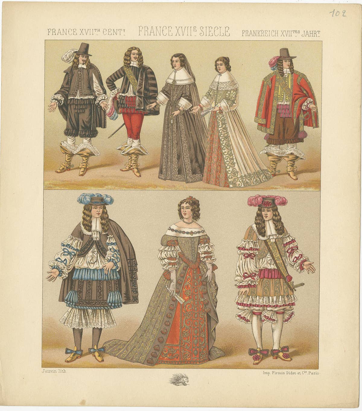 Pl. 102 Antique Print of French 17th Century Costumes by Racinet, circa 1880