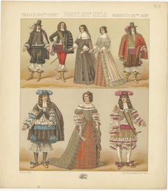 Pl. 102 Antique Print of French 17th Century Costumes by Racinet, circa 1880