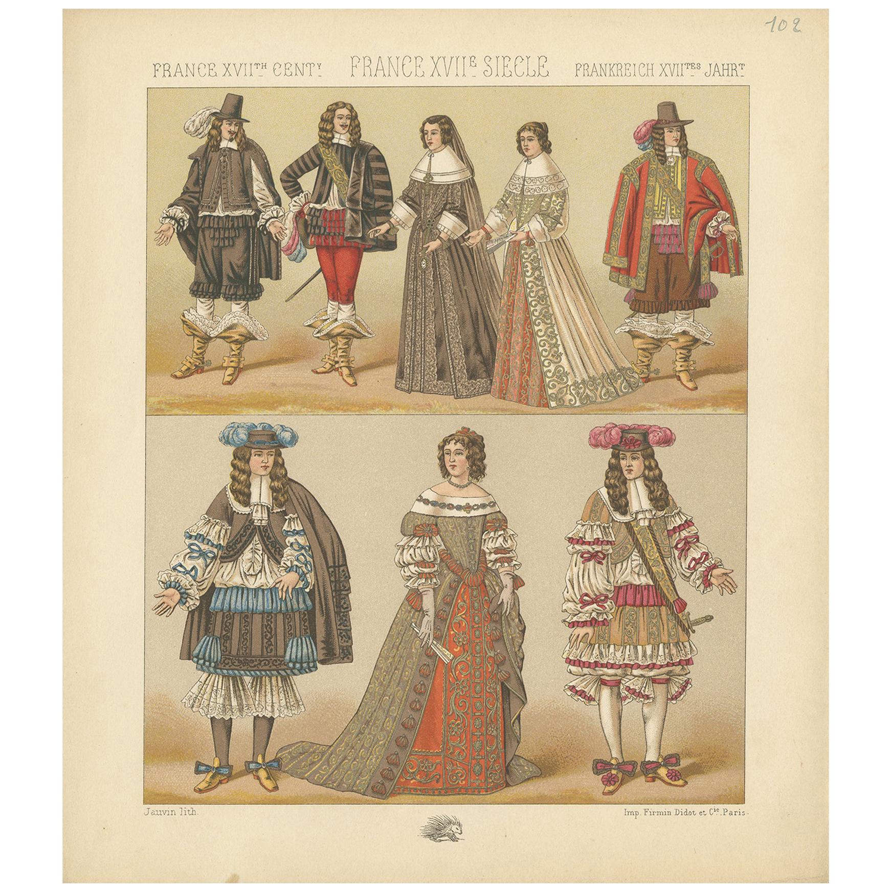Impression ancienne de costumes françaises du XVIIe siècle Pl. 102 par Racinet, vers 1880
