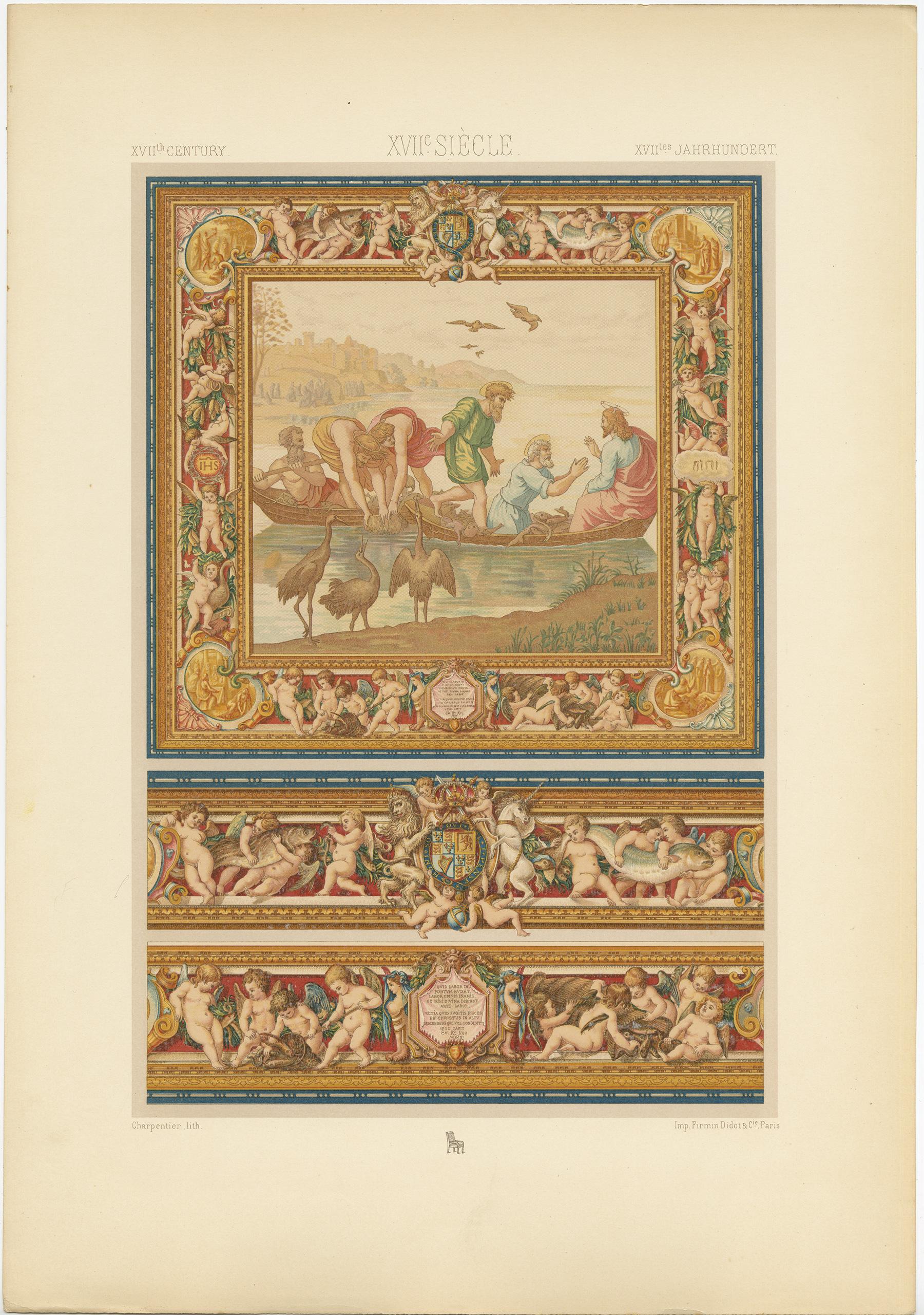 Antique print titled '17th Century - XVIIc Siècle - XVIILes Jahrhundert'. Chromolithograph of English tapestry said to have been given by James II to Louis XIV ornaments. This print originates from 'l'Ornement Polychrome' by Auguste Racinet.