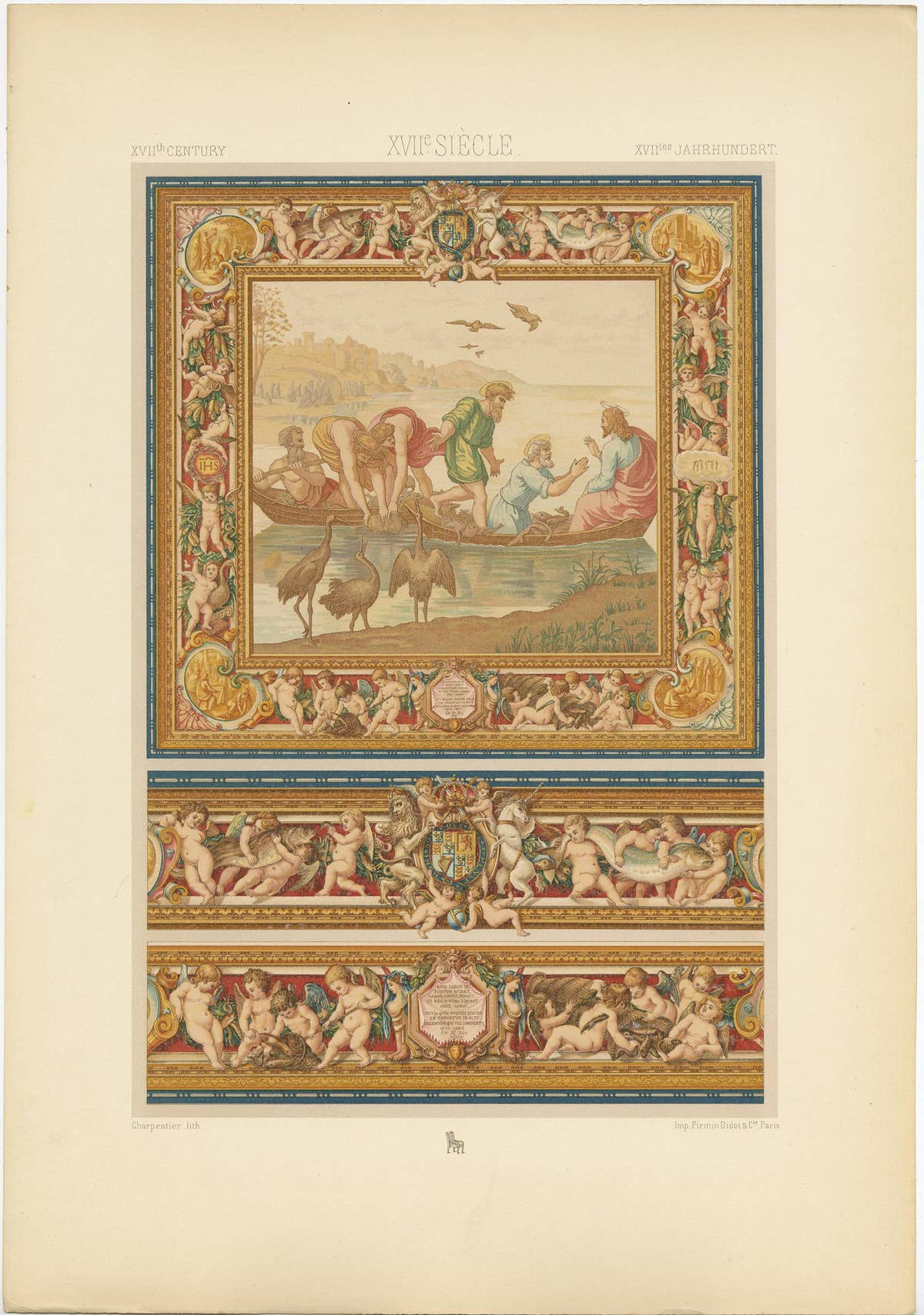 Pl. 103 Antique Print of 17th Century English Tapestry by Racinet, circa 1890