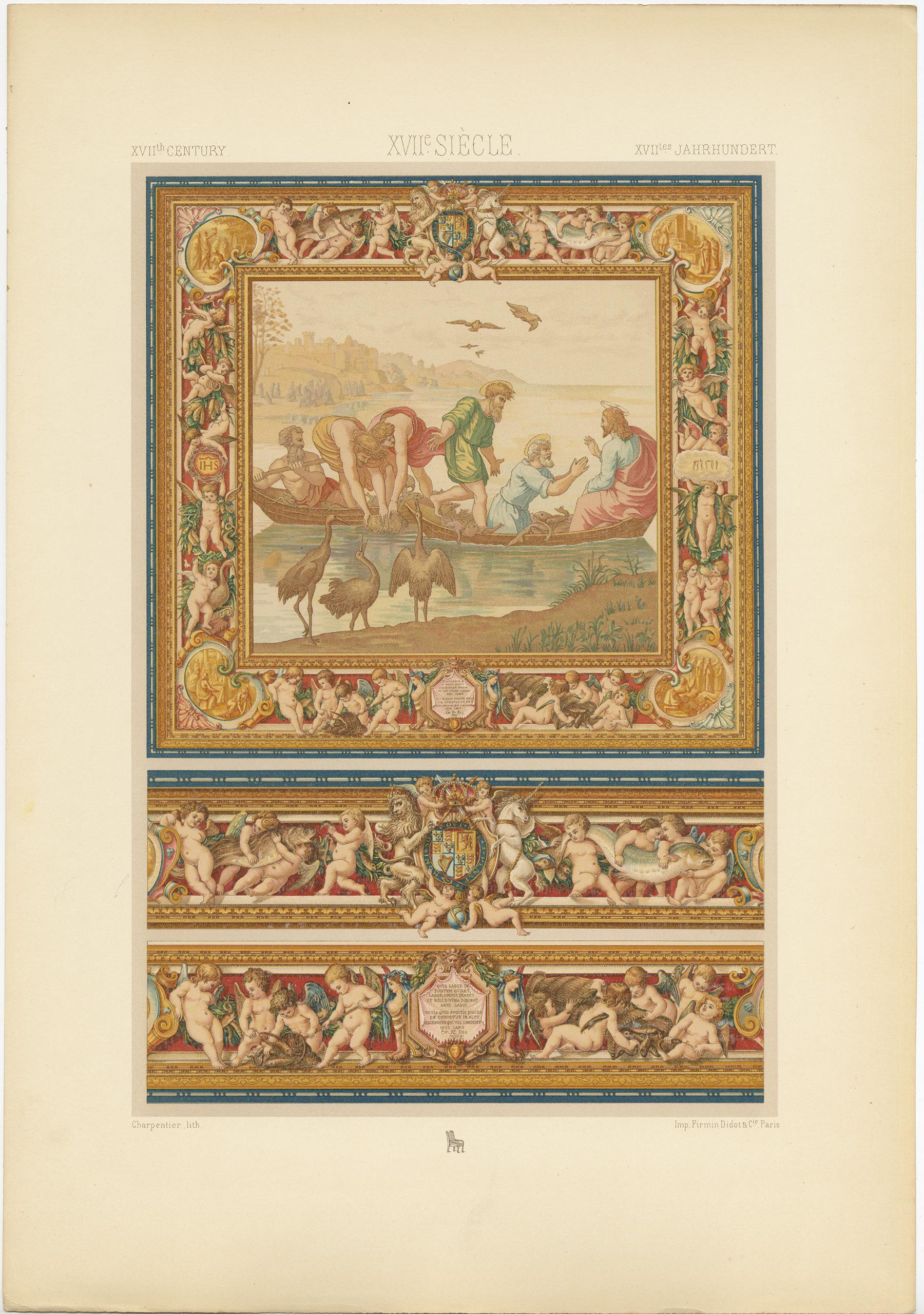Impression ancienne de la tapisserie anglaise du XVIIe siècle Pl. 103 par Racinet, vers 1890 Bon état - En vente à Langweer, NL