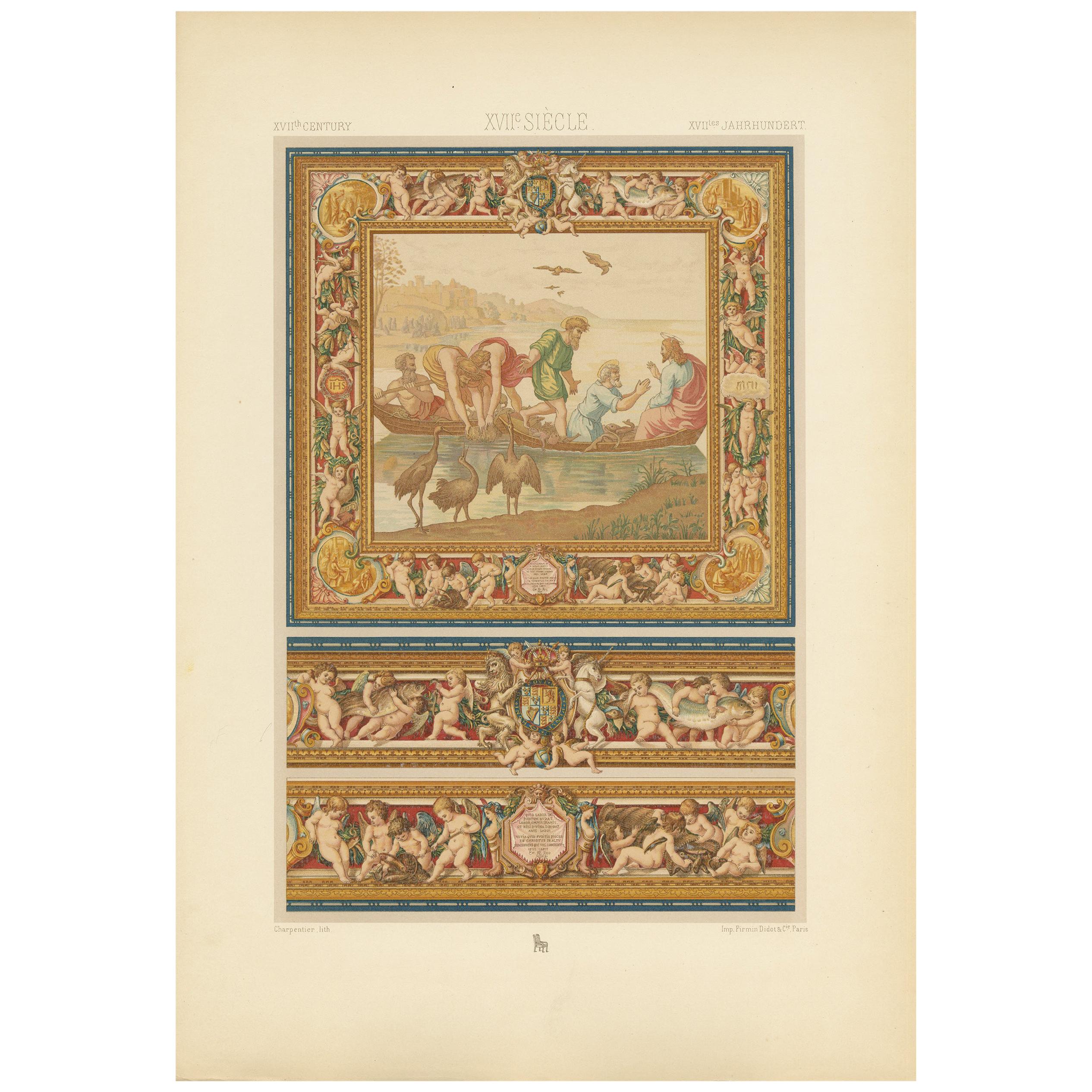 Pl. 103 Antique Print of 17th Century English Tapestry by Racinet, circa 1890 For Sale