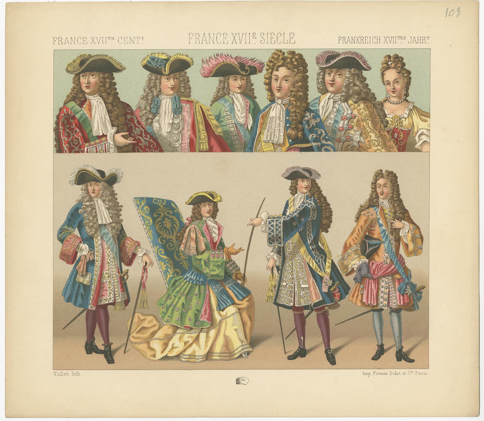 Impression ancienne de costumes françaises du XVIIe siècle Pl. 103 par Racinet, vers 1880 Bon état - En vente à Langweer, NL