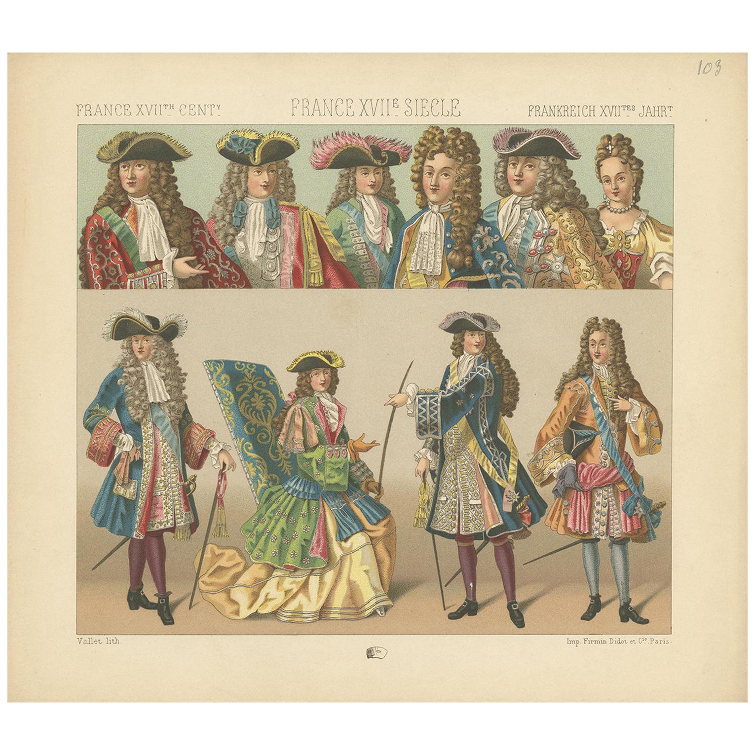 Impression ancienne de costumes françaises du XVIIe siècle Pl. 103 par Racinet, vers 1880