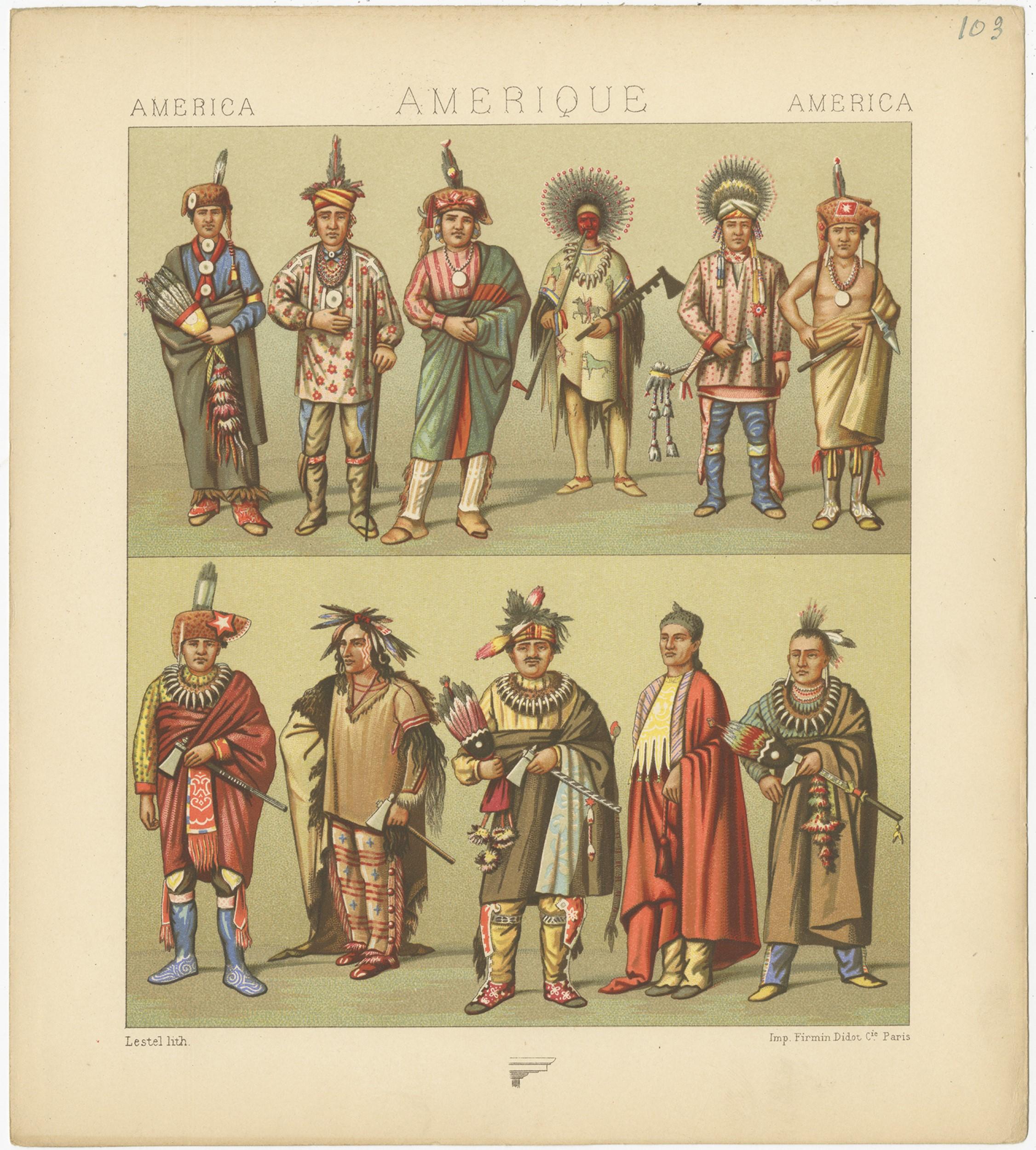 Antique print titled 'America - Amerique - America'. Chromolithograph of (Native) American costumes. This print originates from 'Le Costume Historique' by M.A. Racinet. Published, circa 1880.