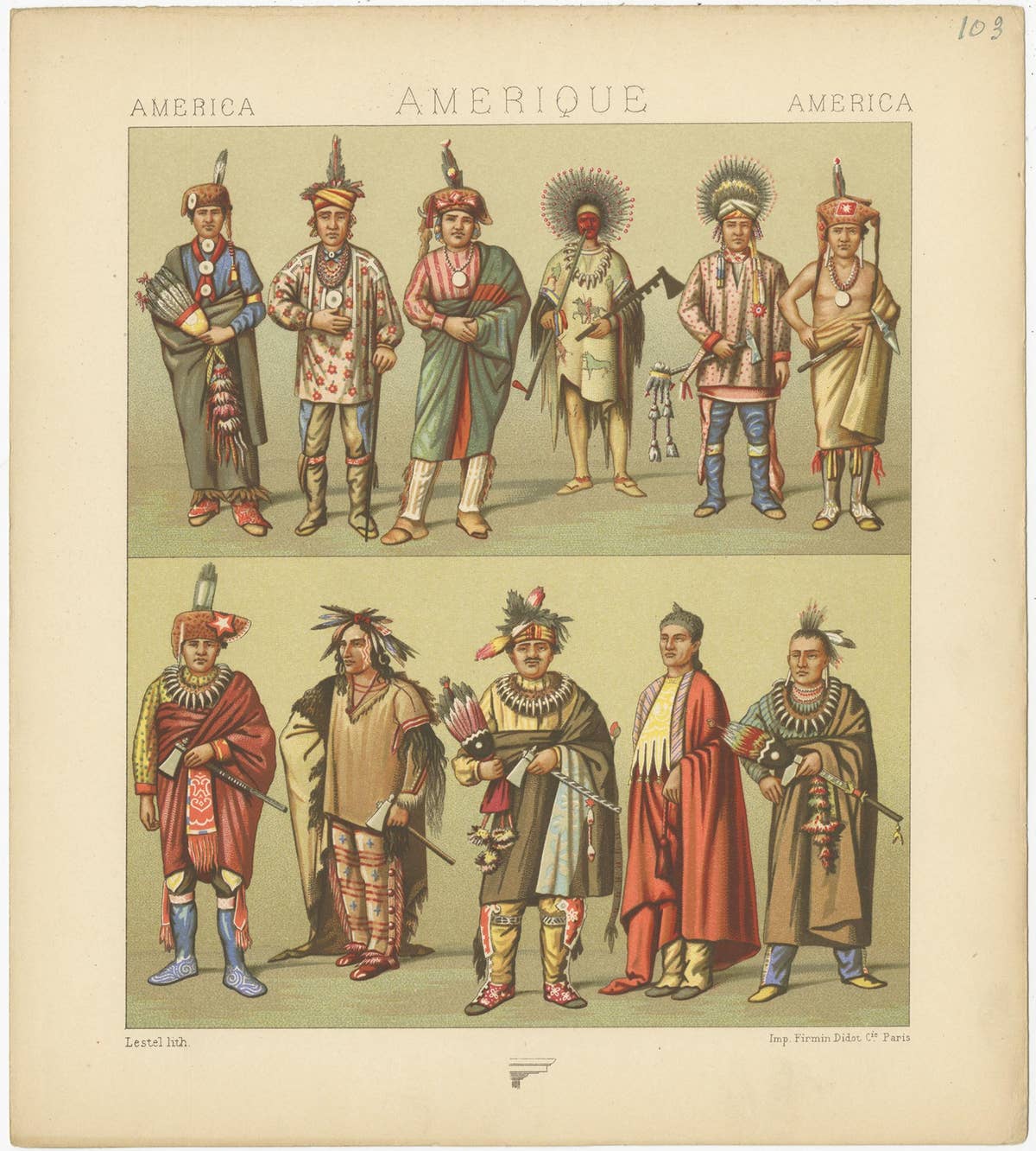 Pl. 103 Antique Print of 'Native' American Costumes Racinet, 'circa 1880'
