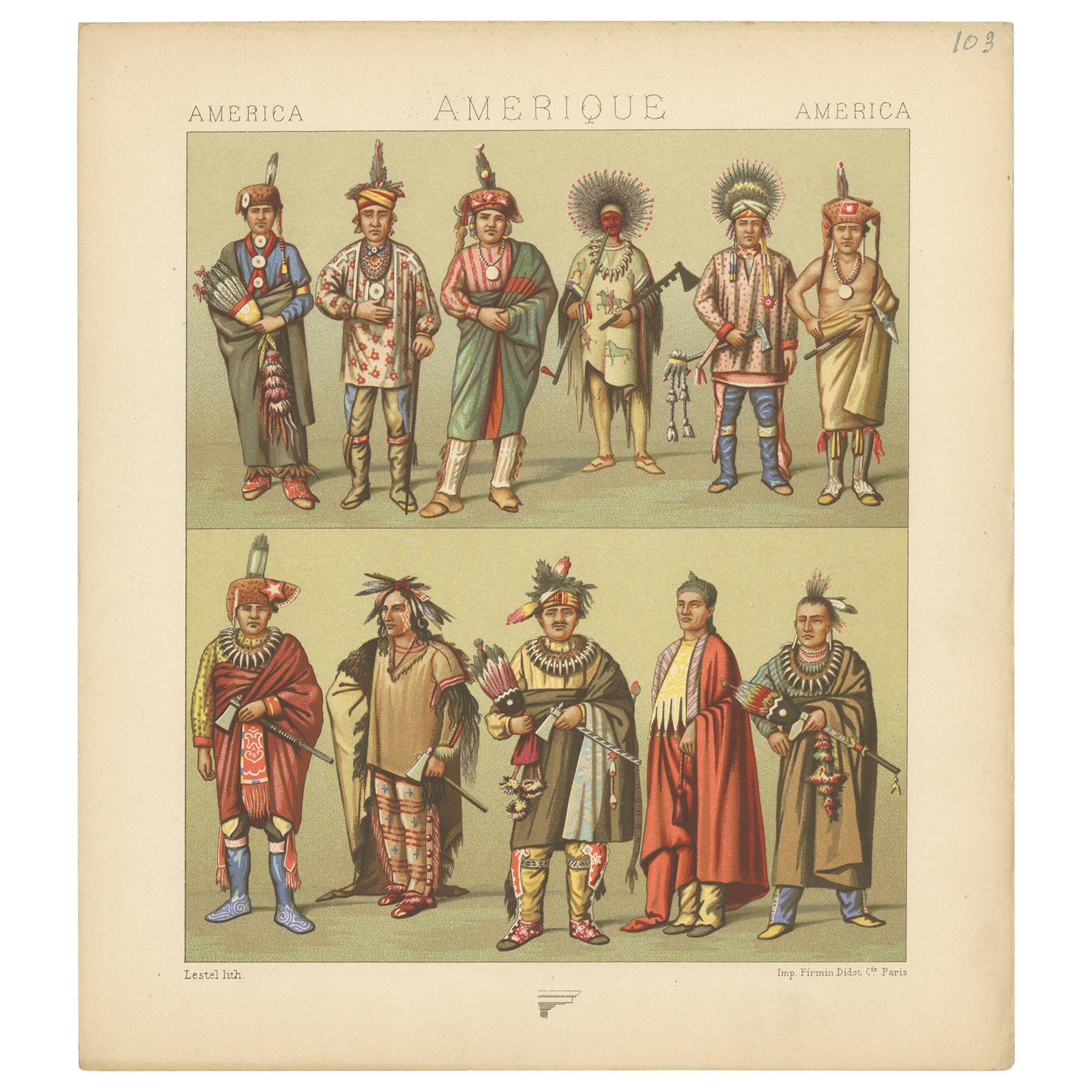 Pl. 103 Antique Print of 'Native' American Costumes Racinet, 'circa 1880' For Sale