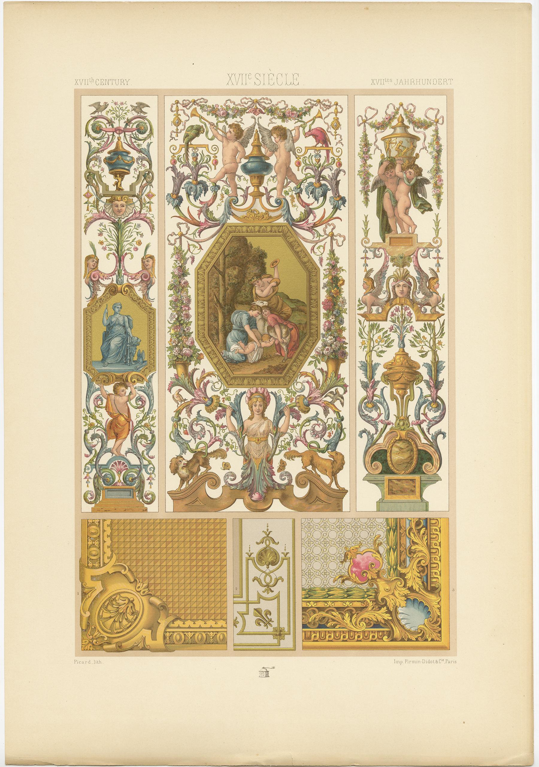 Antique print titled '17th Century - XVIIc Siècle - XVIILes Jahrhundert'. Chromolithograph of interior decor (Painting, tapestry, woodwork), France ornaments. This print originates from 'l'Ornement Polychrome' by Auguste Racinet. Published circa
