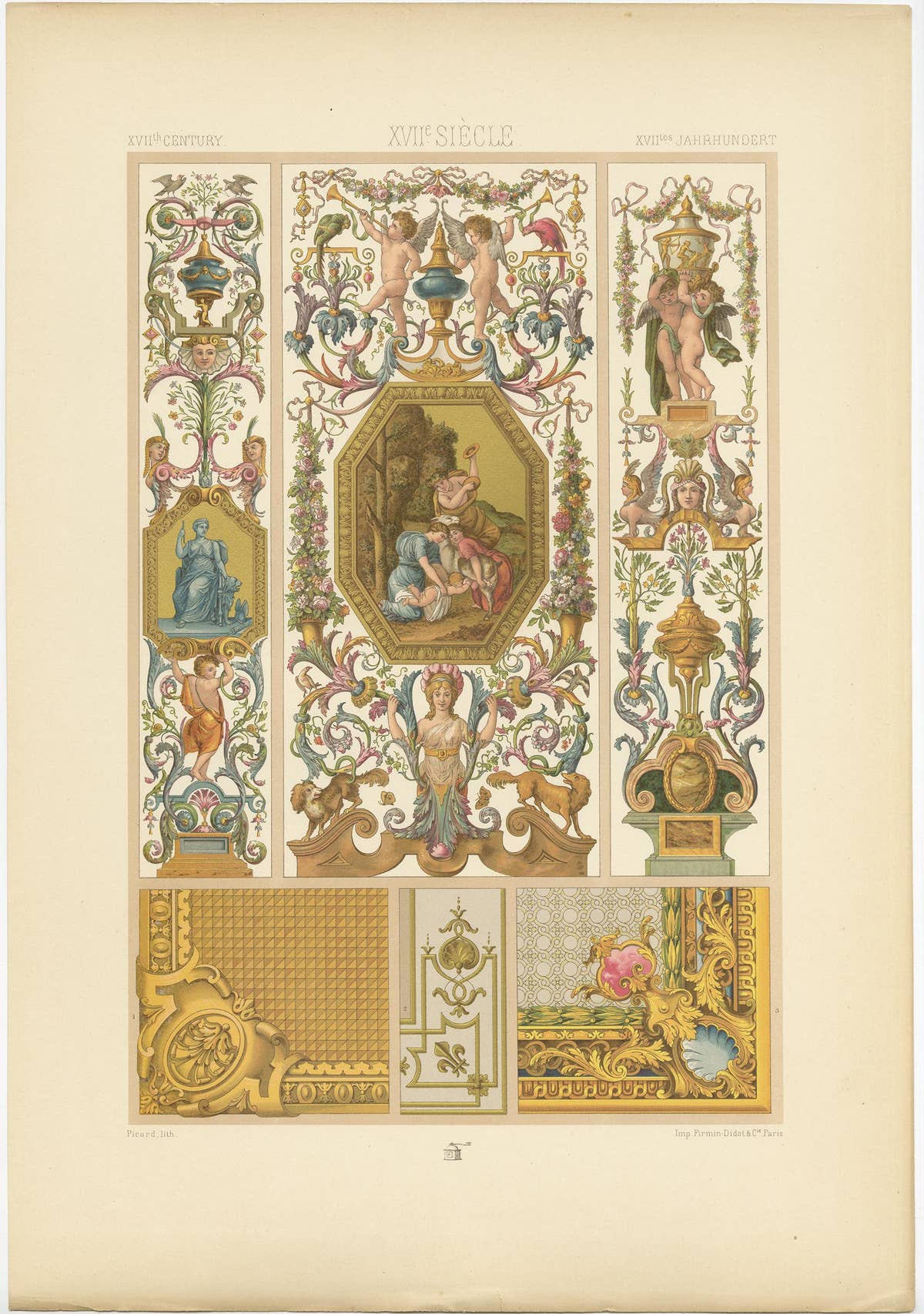 Pl. 104 Antique Print of 17th Century Interior Decor by Racinet, circa 1890