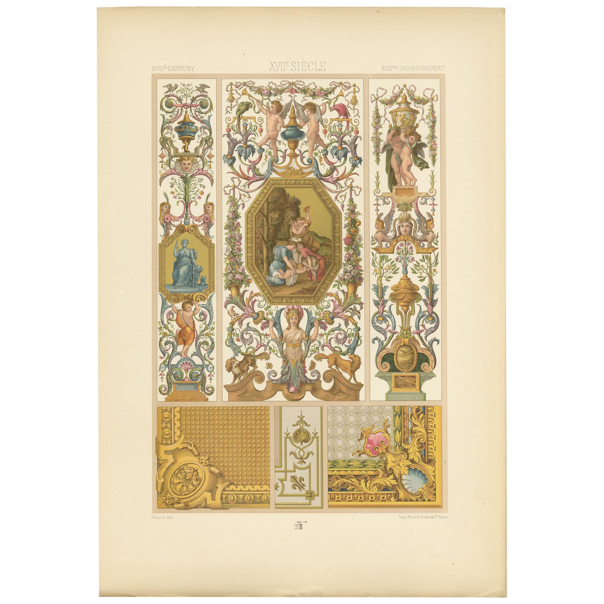 Pl. 104 Antique Print of 17th Century Interior Decor by Racinet, circa 1890