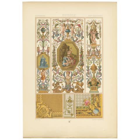 Pl. 104 Antique Print of 17th Century Interior Decor by Racinet, circa 1890