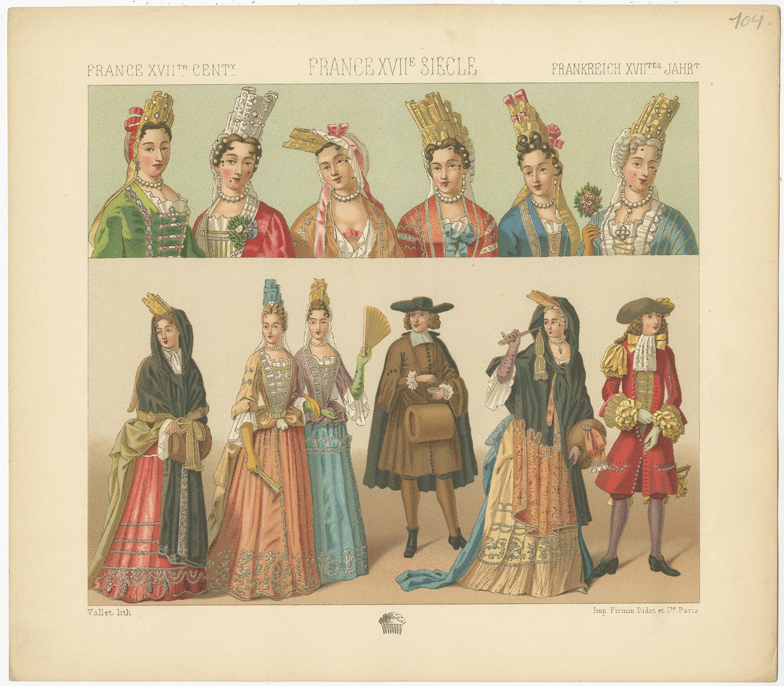 Antique print titled 'France XVIIth Cent - France XVIIe, Siecle - Frankreich XVIItes Jahr'. Chromolithograph of French 17th century costumes. This print originates from 'Le Costume Historique' by M.A. Racinet. Published circa 1880.