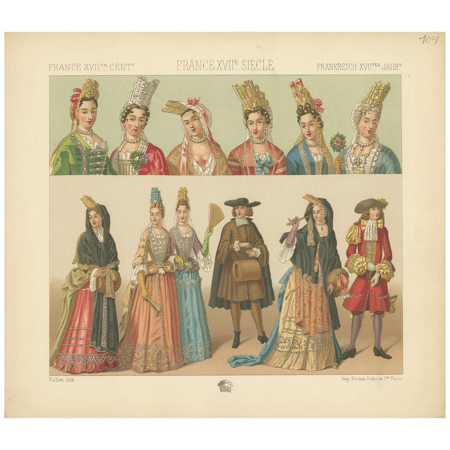 Impression ancienne de costumes françaises du XVIIe siècle Pl. 104 par Racinet, vers 1880