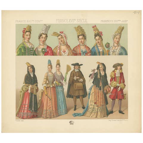 Pl. 104 Antique Print of French 17th Century Costumes by Racinet, circa 1880