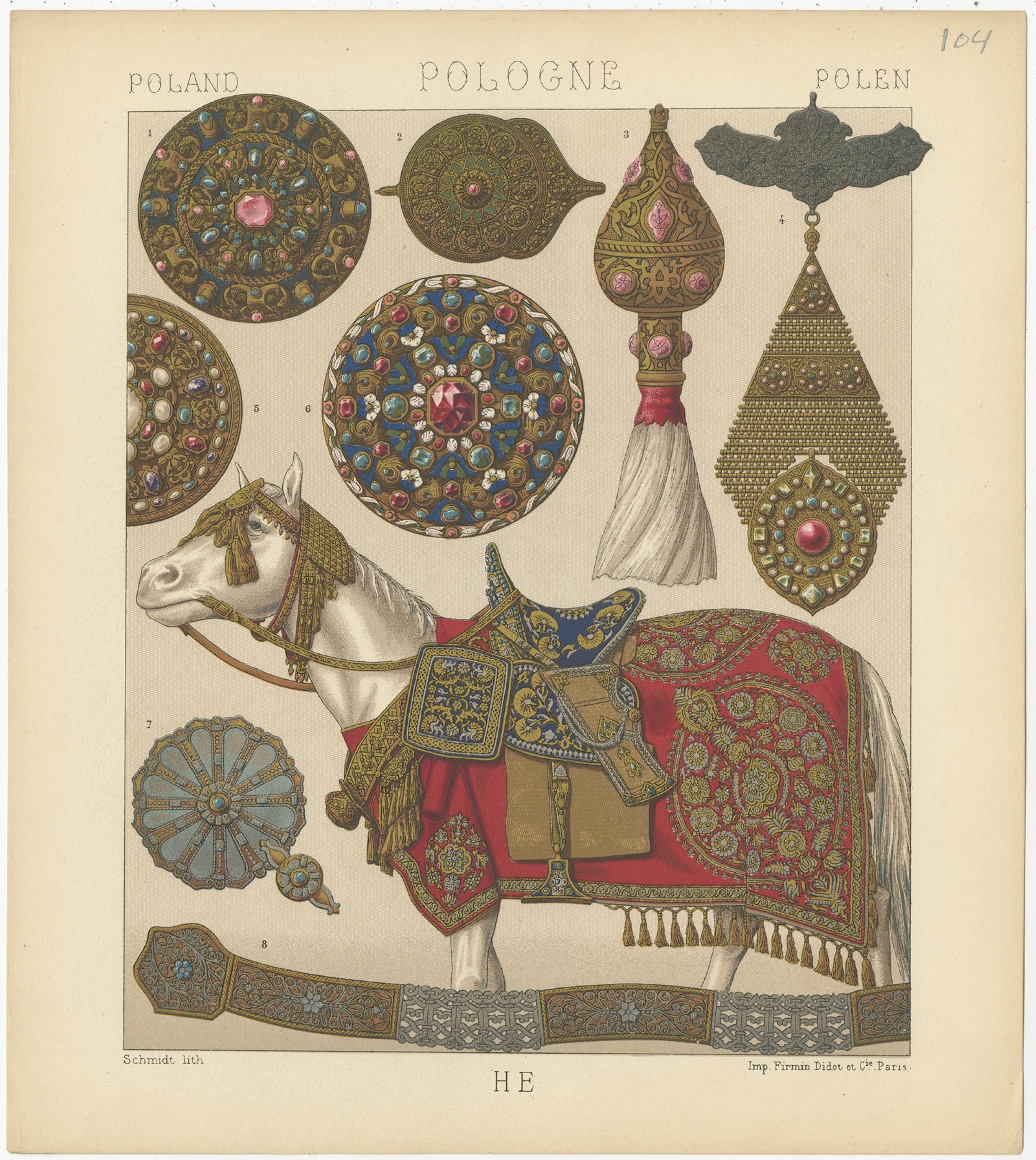 Antique print titled 'Poland - Pologne - Polen'. Chromolithograph of Polish Decorative Objects. This print originates from 'Le Costume Historique' by M.A. Racinet. Published, circa 1880.