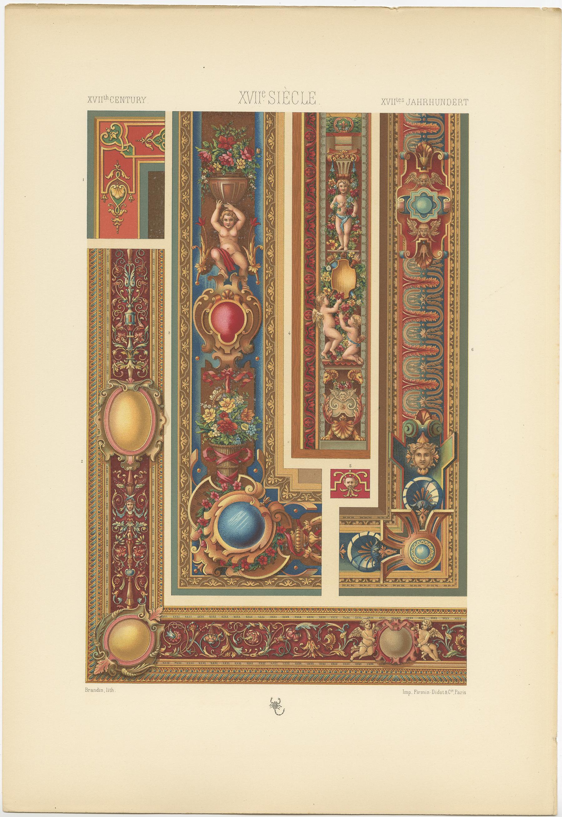 Antique print titled '17th Century - XVIIc Siècle - XVIILes Jahrhundert'. Chromolithograph of tapestry, borders and corners, England and France ornaments. This print originates from 'l'Ornement Polychrome' by Auguste Racinet. Published circa 1890.