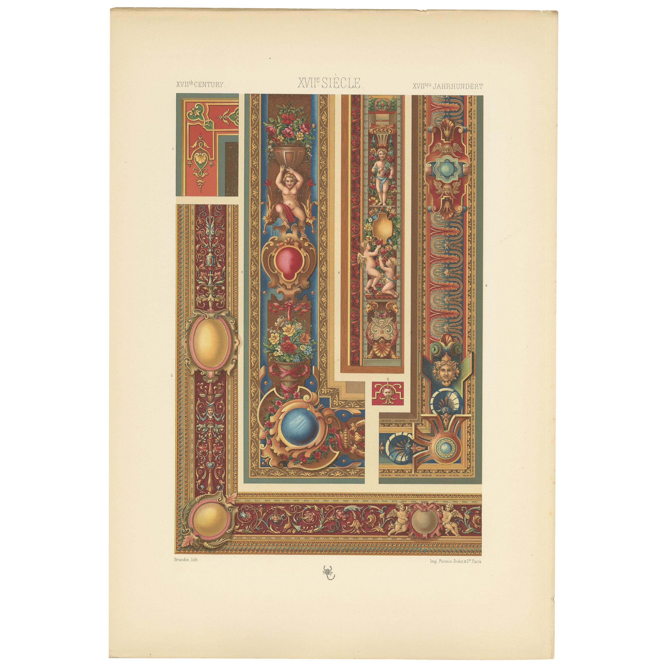 Pl. 105 Antique Print of 17th Century Tapestry, Borders by Racinet, circa 1890 For Sale