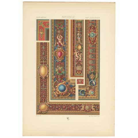 Pl. 105 Antique Print of 17th Century Tapestry, Borders by Racinet, circa 1890