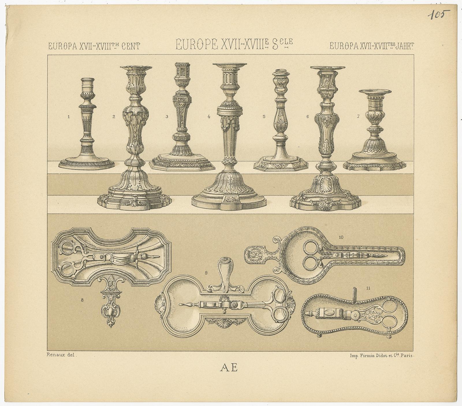 Antique print titled 'Europa XVII, XVIIIth Cent - Europe XVII, XVIIIe Sele - Europa XVII, XVIIItes Jahr'. Chromolithograph of European 17th-18th century objects. This print originates from 'Le Costume Historique' by M.A. Racinet. Published circa