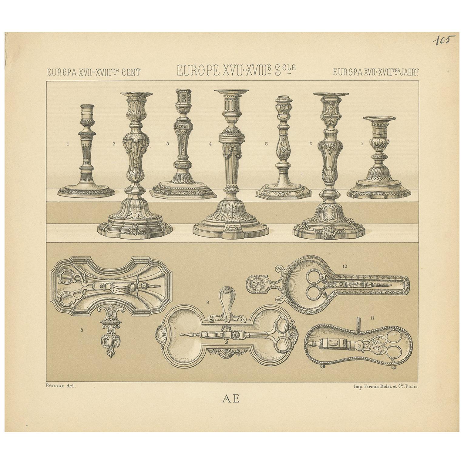 Pl. 105 Antique Print of European 17th-18th Century Objects by Racinet For Sale