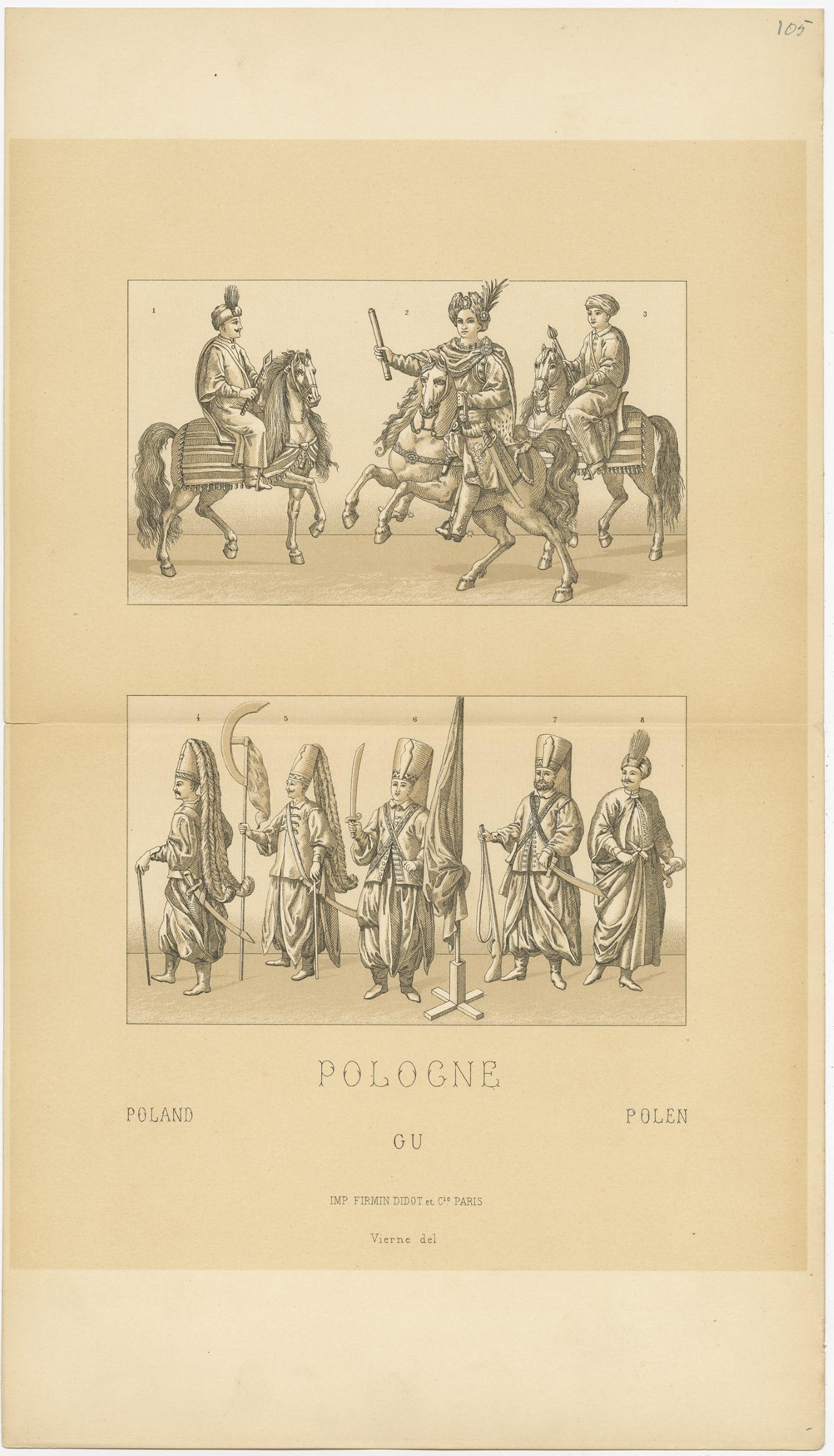 Antique print titled 'Poland - Pologne - Polen'. Chromolithograph of Polish Battle Costumes. This print originates from 'Le Costume Historique' by M.A. Racinet. Published, circa 1880.