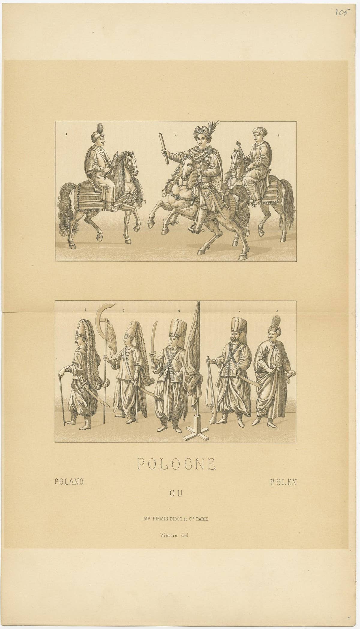 Antique Print of Polish Battle Costumes Racinet, 'circa 1880'
