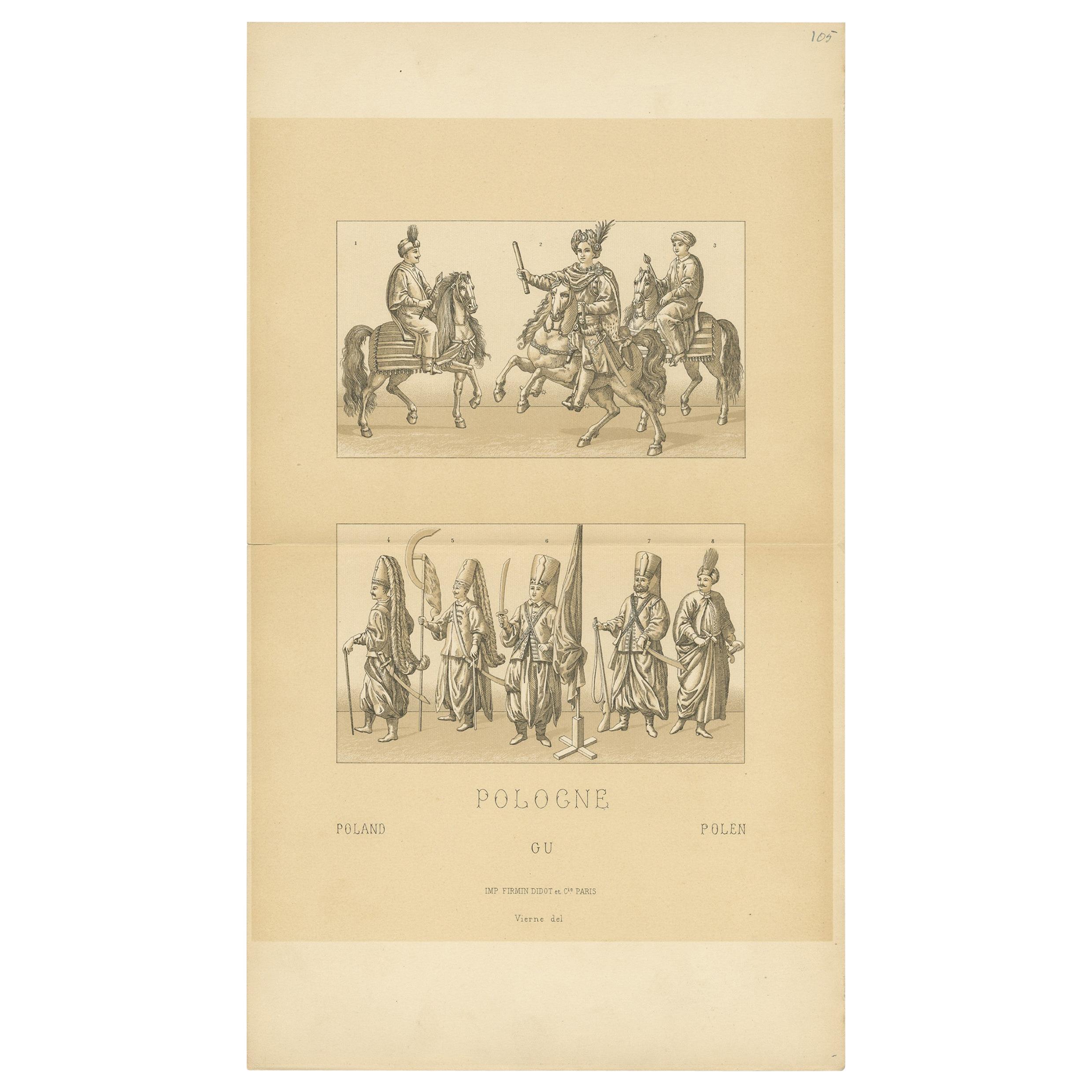 Antique Print of Polish Battle Costumes Racinet, 'circa 1880' For Sale