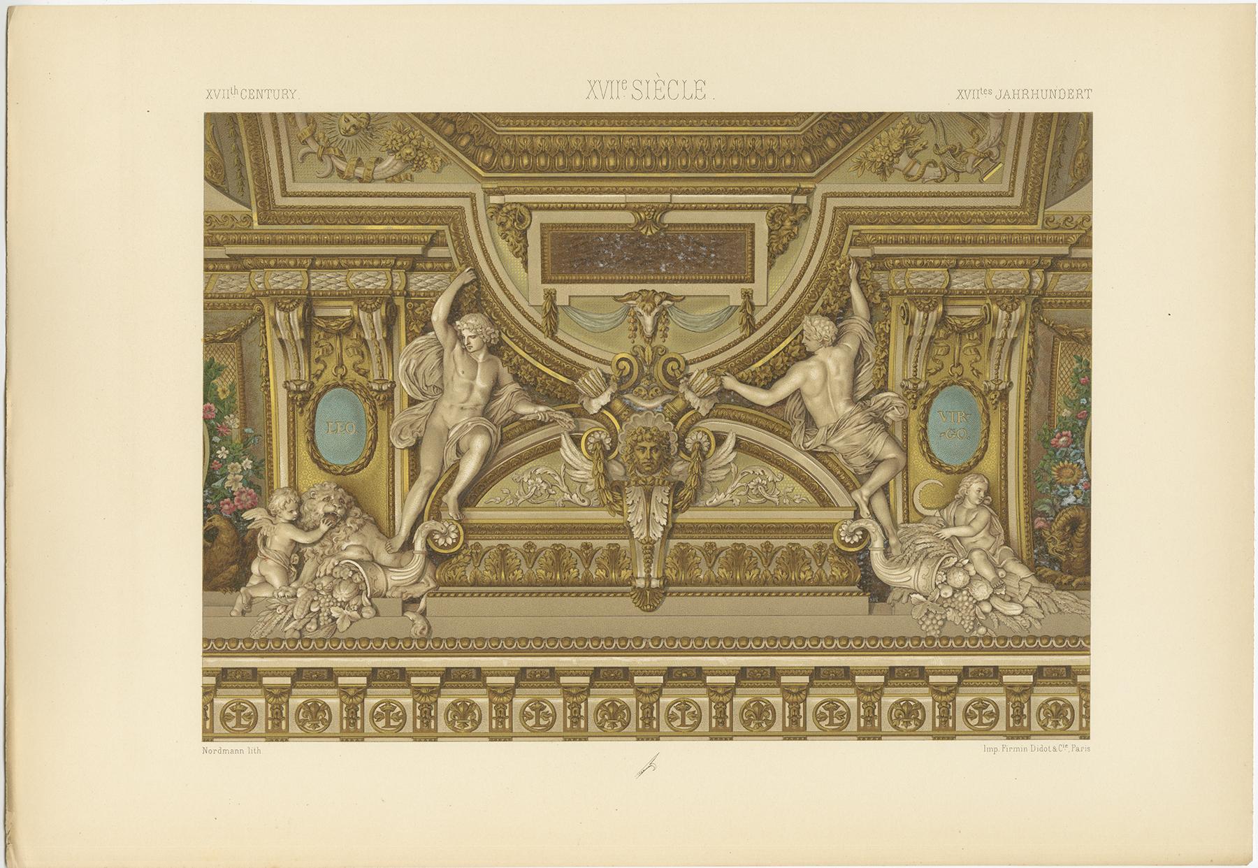 Antique print titled '17th Century - XVIIc Siècle - XVIILes Jahrhundert'. Chromolithograph of from a carved and painted ceiling vault by Charles Le Brun in the Louvre ornaments. This print originates from 'l'Ornement Polychrome' by Auguste Racinet.